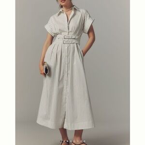 Exquise Tobie *PETITE Belted Double Buckle Shirt Dress Anthropologie Striped